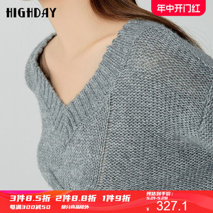 潮 针织毛衫 慵懒风毛衣女灰色宽松V领韩版 highday轩日2023春秋新款