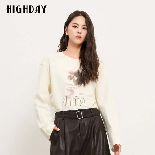 HIGH DAY/轩日米白色印花长袖T恤2026秋宽松落肩圆领水墨印花上衣