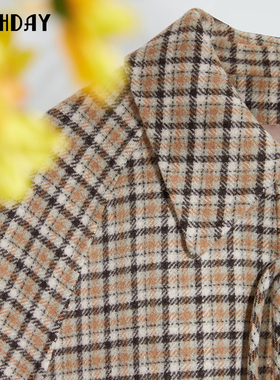 highday轩日2024冬季新款翻领格子短款双面呢大衣外套NY11BE29961