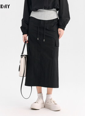 highday轩日2024秋季新款高腰黑色半身裙女h版型中长一步裙工装裙