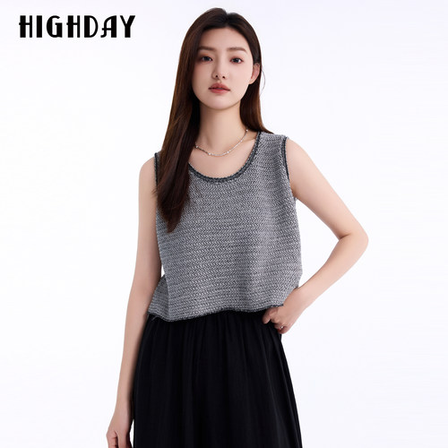 HIGHDAY轩日针织无袖背心2026夏短款毛边下摆宽松显瘦透气上衣女