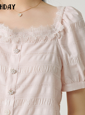 highday轩日2024夏季新款方领泡泡袖上衣女浅粉条纹短袖衬衣chic