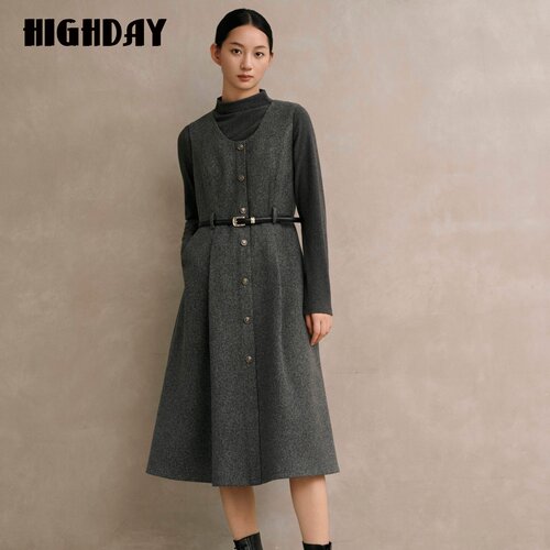 HIGHDAY轩日毛呢背心裙女2026冬季V领排扣收腰A字中长款连衣裙