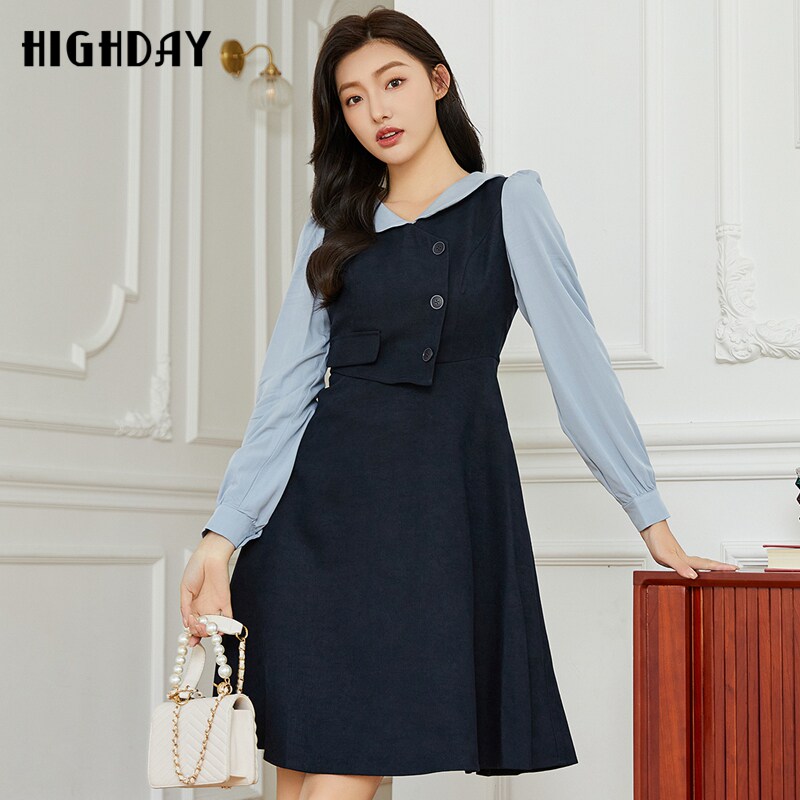 highday轩日2024早春新款娃娃领长袖女裙气质修身拼接连衣裙chic