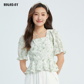 泡泡袖 轩日2024早秋新款 复古方领印花上衣女商场款 荷叶边碎花衬衣