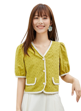 轩日泡泡袖V领短外套女
