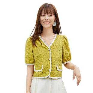 highday轩日夏季法式V领短外套女小个子直筒泡泡袖温柔风上衣chic