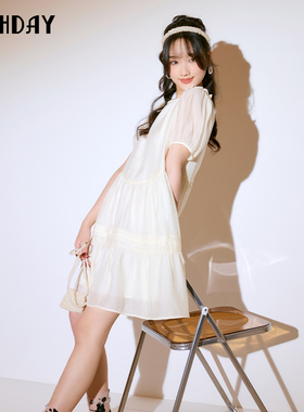 highday轩日2024夏季新款泡泡袖公主裙女短袖纯色连衣裙仙女裙ins
