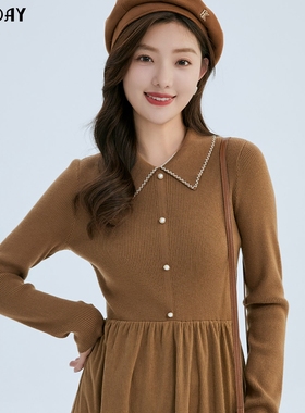 highday轩日2024秋冬新款小翻领针织裙女洋气修身长袖a字连衣裙潮
