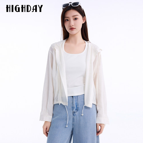 HIGHDAY轩日2026夏新款米白亚麻外套女宽松休闲版型系带抽绳上衣
