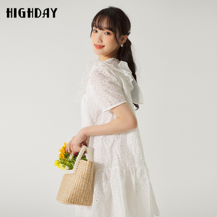 娃娃裙女白色镂空短袖 荷叶边连衣裙chic 新款 highday轩日2024夏季