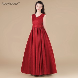 赫本风中大童晚礼服女童长款钢琴演出服儿童轻奢主持酒红色公主裙