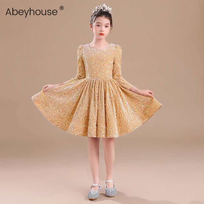 女童金色礼服高档小提琴演奏服秋冬长袖钢琴演出服亮片生日公主裙