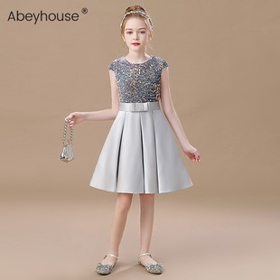 女童钢琴演出服儿童高档灰色公主裙小学生乐团演出服轻奢缎面短裙