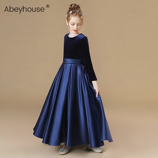 秋冬加厚儿童礼服长袖公主裙藏青女童钢琴演出服丝绒小提琴演奏服