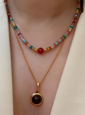 秋冬红玛瑙跨年喜庆多巴胺多彩天然石手工串珠项链气质毛衣链颈链