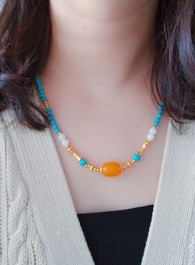 锁骨链串珠轻奢鸡油黄蜜蜡新中式小众优化绿松石复古高级感项链女