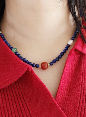 天然蓝矿石克莱因蓝色玛瑙珍珠项链高级感显白串珠锁骨链新中式