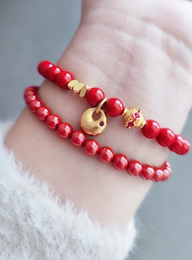 蛇年天然朱砂手串碎金子小胖福手链本命年红手绳叠戴新年红色礼物