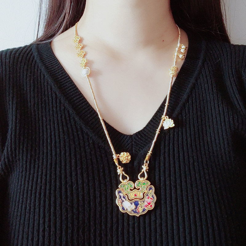 古法沙金平安如意锁宫廷御猫锁吊坠烧蓝珐琅彩项链铃兰荷花毛衣链
