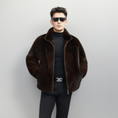 奢品本黑宝嘉美水貂男士 皮草皇冠短二皮毛一体立领短款 裘皮夹克