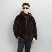 北美水貂男士 连帽皇冠天鹅绒短款 水貂皮大衣皮草皮毛一体外套