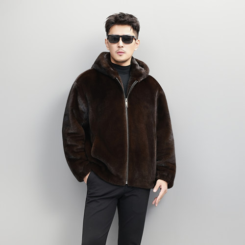 北美水貂男士连帽皇冠天鹅绒皮草