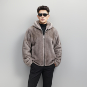 连帽皮毛一体冬季 浅铁灰貂水貂皮草男士 短款 潮流休闲外套百搭