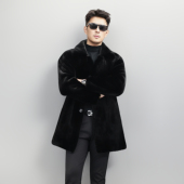 进口宝嘉美黑貂水貂男士 皮草翻领纽扣中长款 皮毛一体皇冠短二裘皮