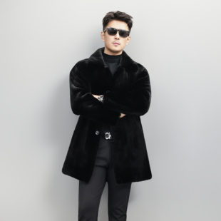 进口宝嘉美黑貂水貂男士皮草翻领纽扣中长款皮毛一体皇冠短二裘皮