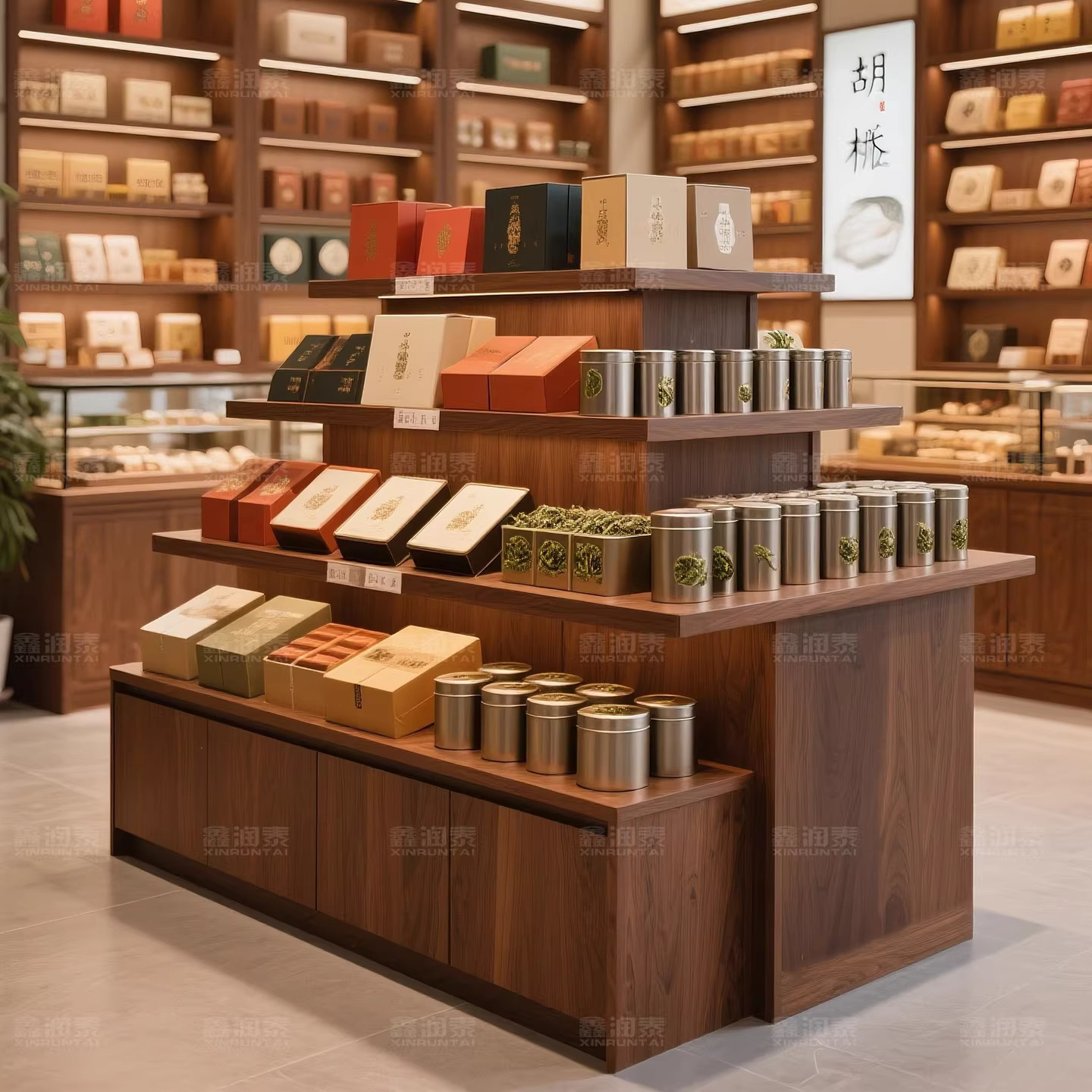 实木双面茶叶柜中岛台茶叶店展柜瓷器展示台农产品陈列货架置物架