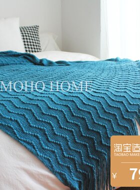 北欧午睡小毯子沙发装饰毯针织毯毛线毯床搭巾包邮折线孔雀绿