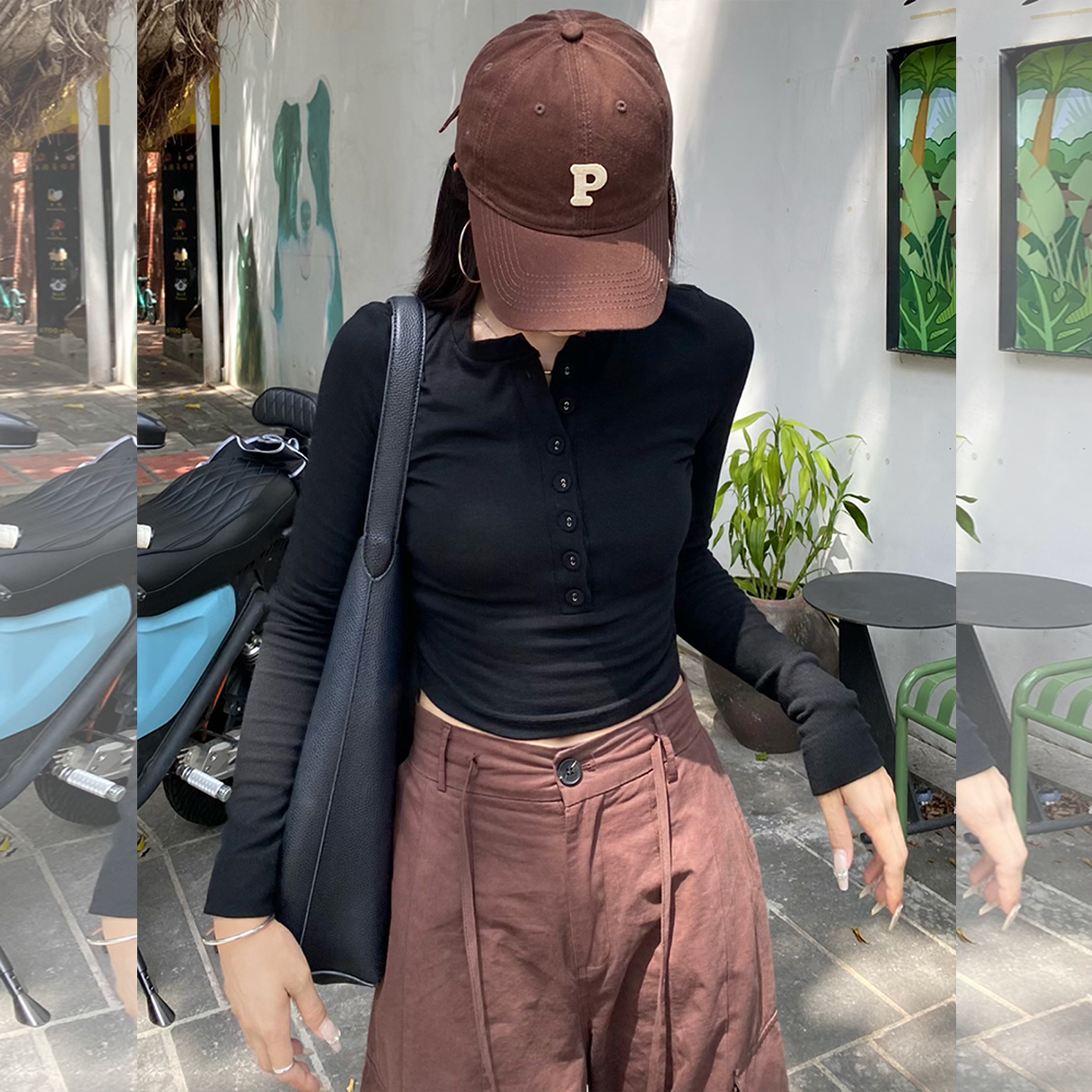 纯欲辣妹短款黑色长袖t恤女2025新款秋季修身显瘦内搭打底衫上衣