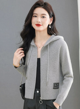 休闲针织开衫带帽上衣小款外套女
