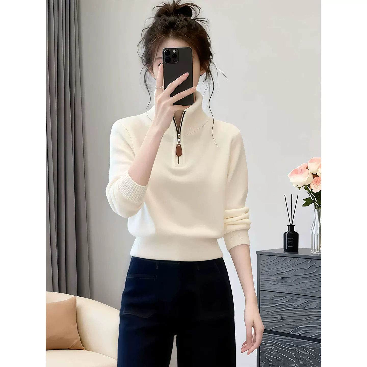 秋冬季纯色半拉链长袖高领毛衣女