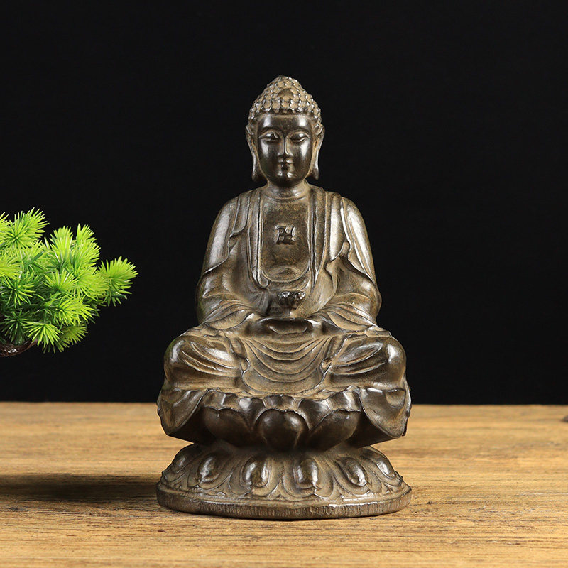 山西古建筑天然青石整料仿古雕刻莲花座释迦摩尼像收藏摆件菩萨