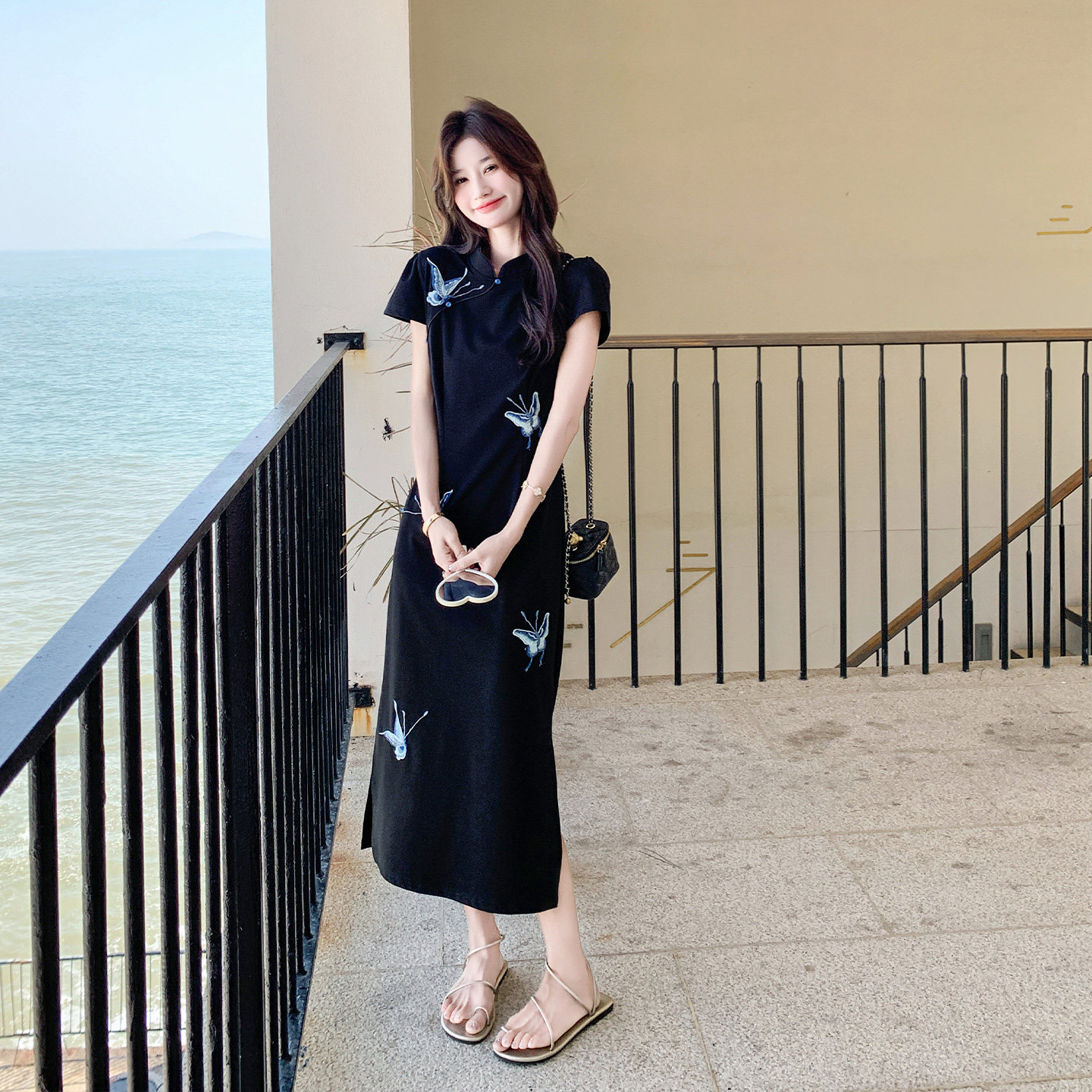 新中式国风连衣裙女2025夏季高级感后腰镂空网纱蝴蝶绣花改良旗袍,女装连衣裙,浙宝139