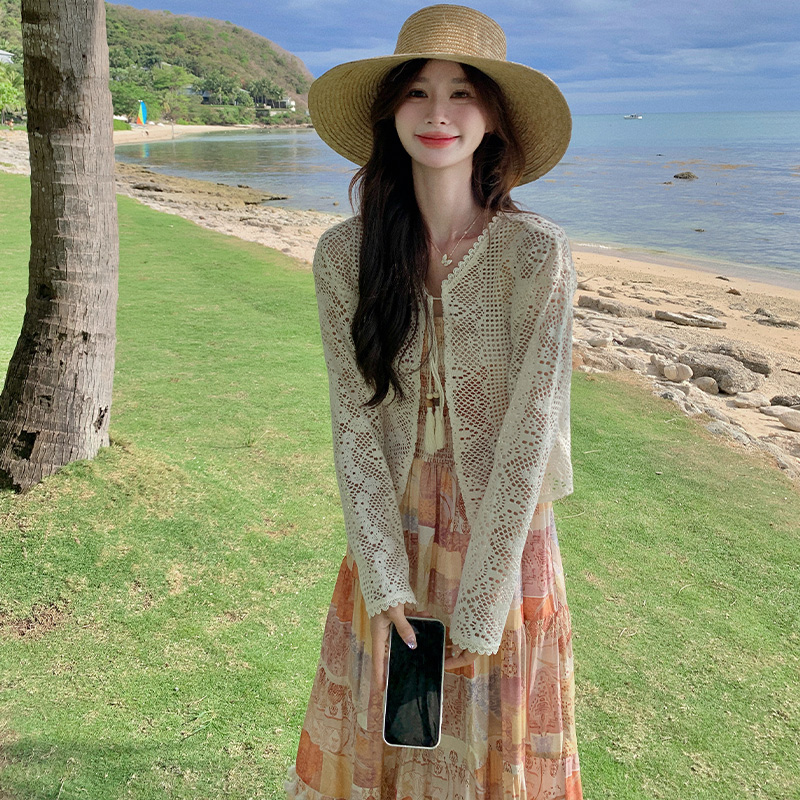 印花吊带连衣裙女2025夏季新款韩版设计感镂空开衫长裙，女装套装/套裙，浙宝139