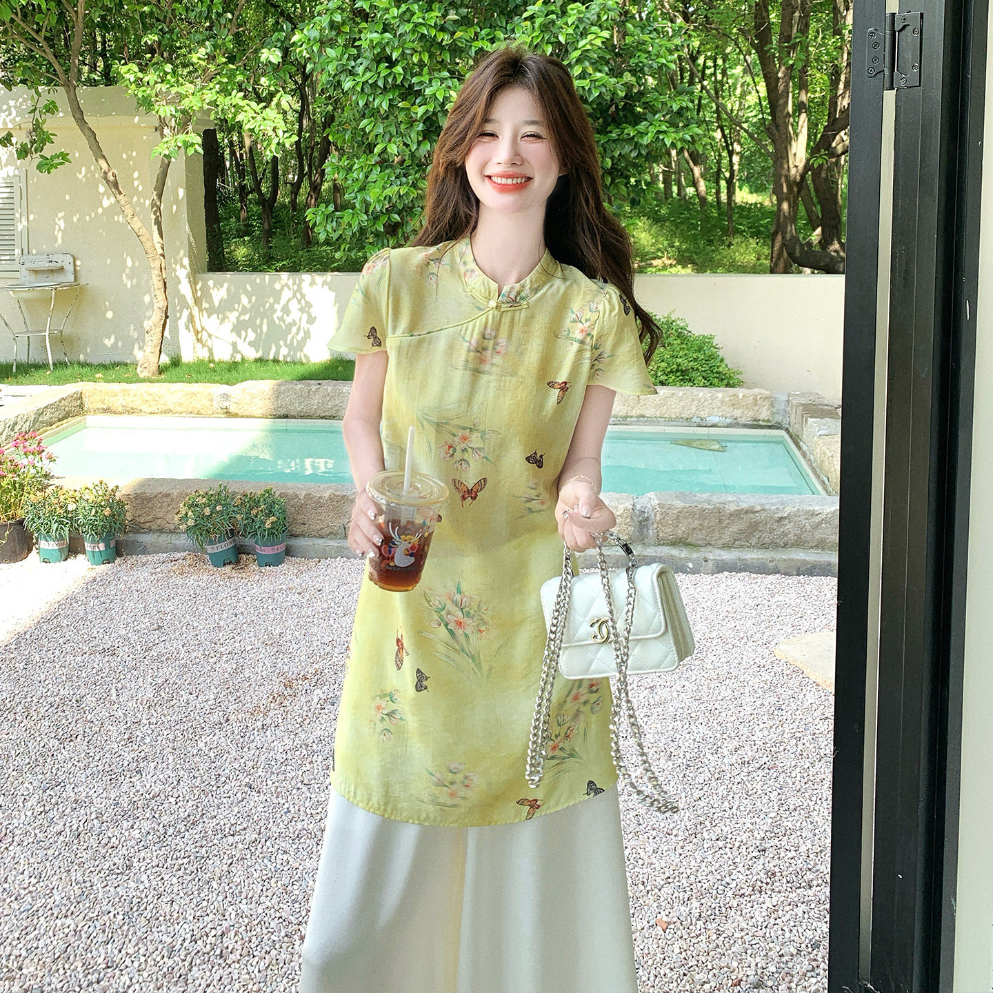 新中式国风套装女2025夏季新款复古气质改良旗袍上衣阔腿裤两件套,女装套装/套裙,浙宝139