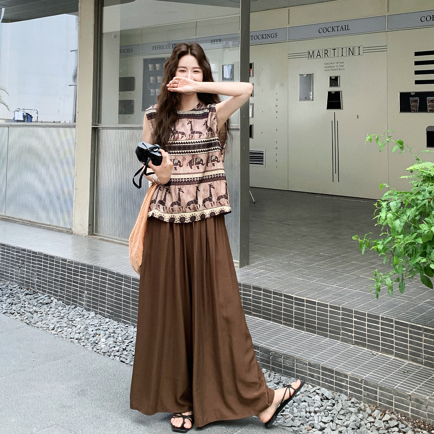 清冷松弛感日系穿搭套装女2025夏季新款动物印花上衣阔腿裤两件套，女装套装/套裙，浙宝139