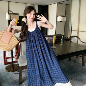 学院风蓝色格子吊带裙女2025夏新款白色背心无袖连衣裙图片