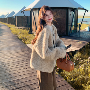 韩系慵懒复合毛毛外套女2025冬季复古温柔风加厚皮毛一体毛毛上衣图片