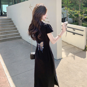 新中式国风旗袍连衣裙女2025夏季新款复古气质镂空蝴蝶刺绣长裙子图片