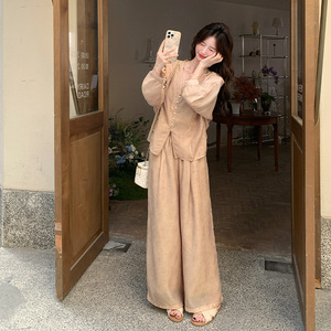 新中式国风套装女2025春季新款高级感气质显瘦衬衫阔腿裤两件套图片