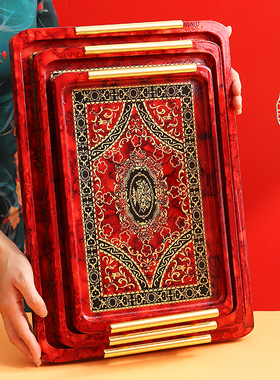 红色中式敬茶杯套装长方形木质龙凤托盘宫廷风典雅复古杯盘干果盘