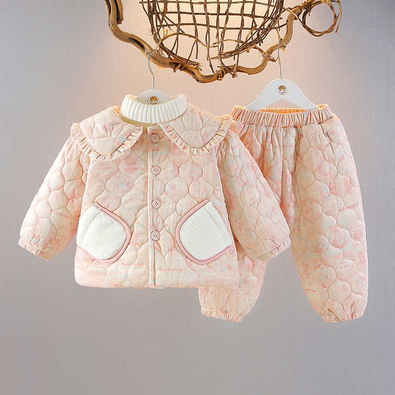 女童加绒加厚冬装碎花棉衣两件套