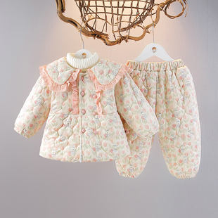 婴儿衣服冬季新生分体衣女宝宝加绒加厚棉衣套装周岁女童公主棉服