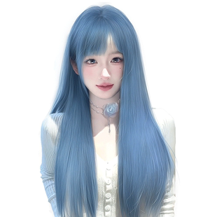 假发全头套女长直发夏季轻薄自然仿真发冰川蓝刘海cos整顶假发套