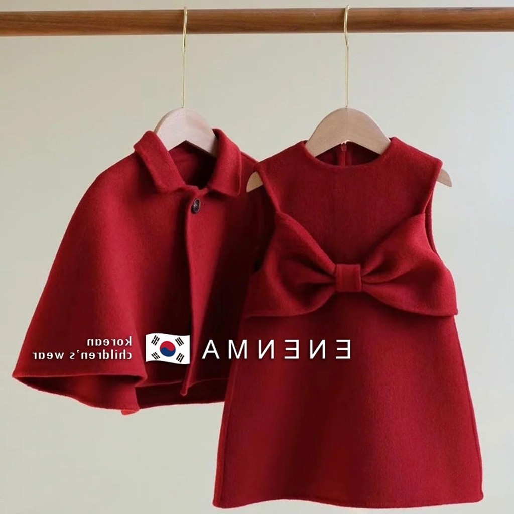 女童拜年服22冬装儿童新年服洋气酒红色毛呢背心裙子蝴蝶结连衣裙