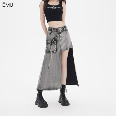 依妙EMU不对称洗水牛仔半裙2025夏季街头个性拽姐吸睛长裙